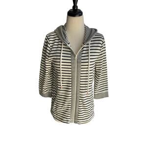 T by Talbots Black/White Stripe 3/4 Sleeve Zip Up Jacket Top w/Hood Size MP
